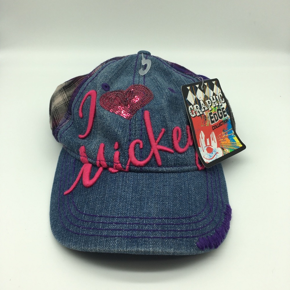 Walt Disney Parks Denim I ❤️ Mickey Cap Hat Adjustable Embroidered Graphic Edge